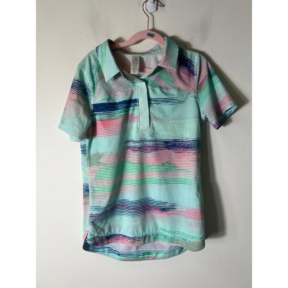 Ivivva Lululemon Golf/Tennis Top Turquoise/Pink Stripe Design Sz 12 unisex